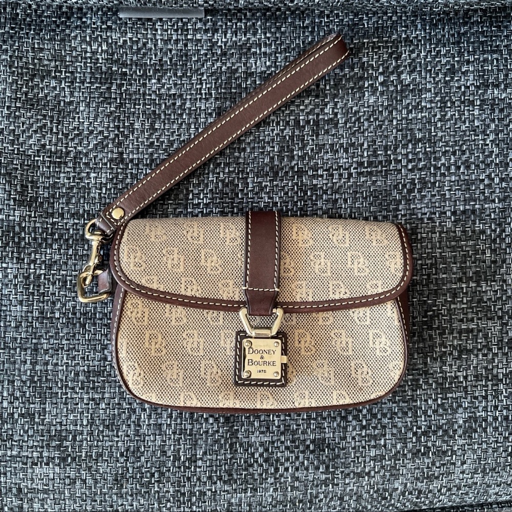 Dooney & Bourke Beige Canvas and Brown Leather Wristlet Clutch